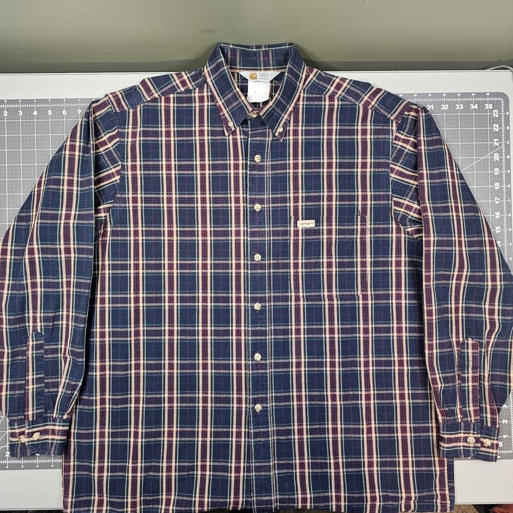 Vintage Carhartt Shirt XL 80s 90s Indigo Plaid Heavyweight Workwear Woven Retro